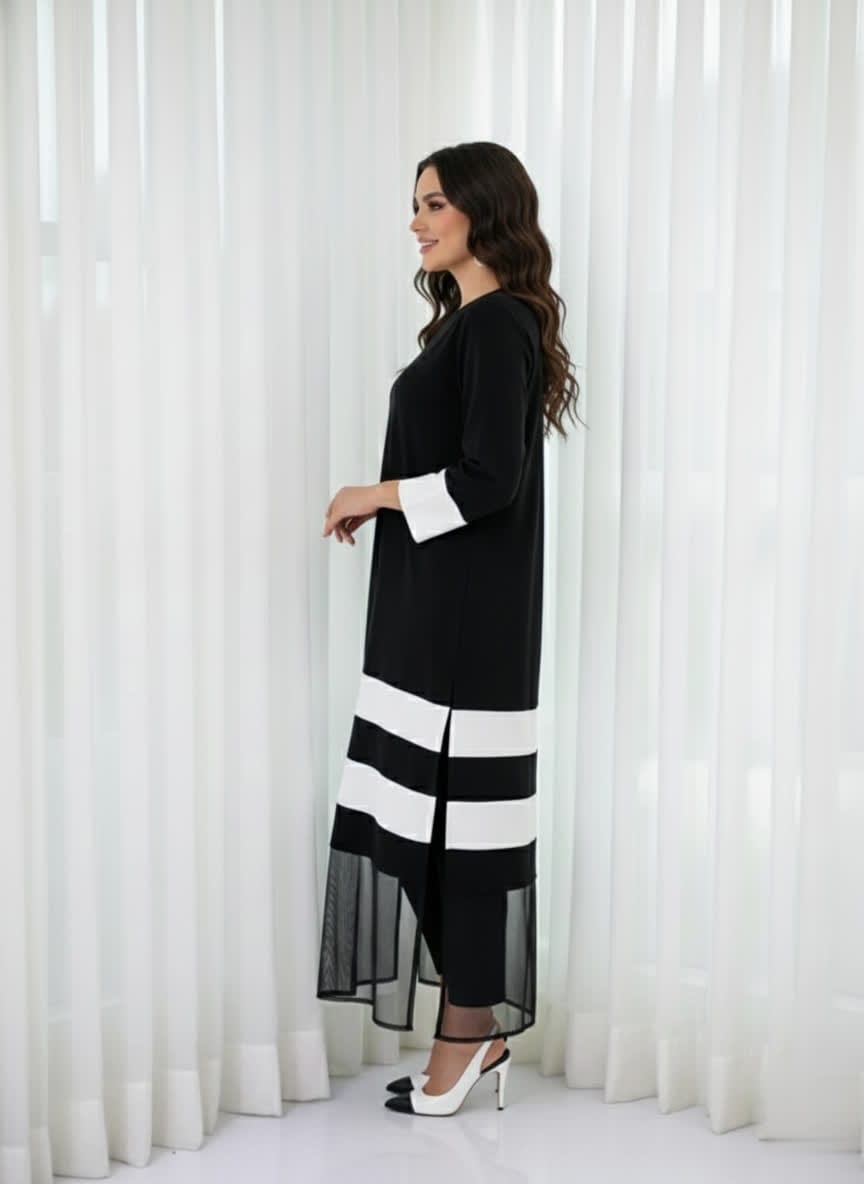Elegant Black & White Layered Midi Dress For Women – Contrast Panel Straight Fit Dress With 3/4 Sleeves & Sheer Hem - Modest Office & Formal Wear