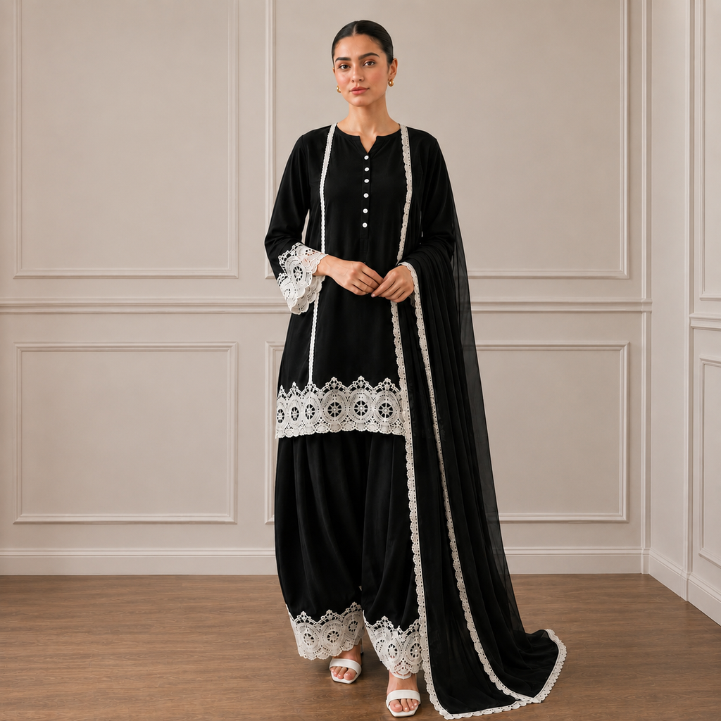 Red Luxury Pret Farshi Salwar Suit With White Lace Detailing