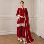 Red Luxury Pret Farshi Salwar Suit With White Lace Detailing
