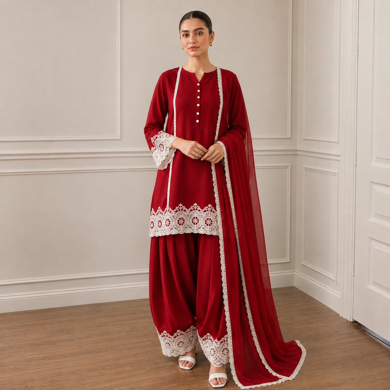 Red Luxury Pret Farshi Salwar Suit With White Lace Detailing