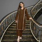 Modern Lace Kurta Co-ord Set, Stylish Long Kurta With Florals & Straight Pants With Stand Collar & Decorative Buttons.
