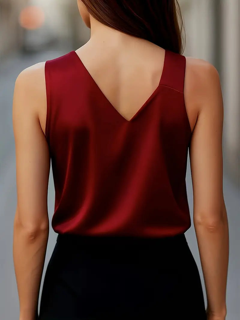 V-Neck Sleeveless Blouse, Satin Finish, All-Season Top For Work & Casual Outfits, Stylish Women’s Clothing