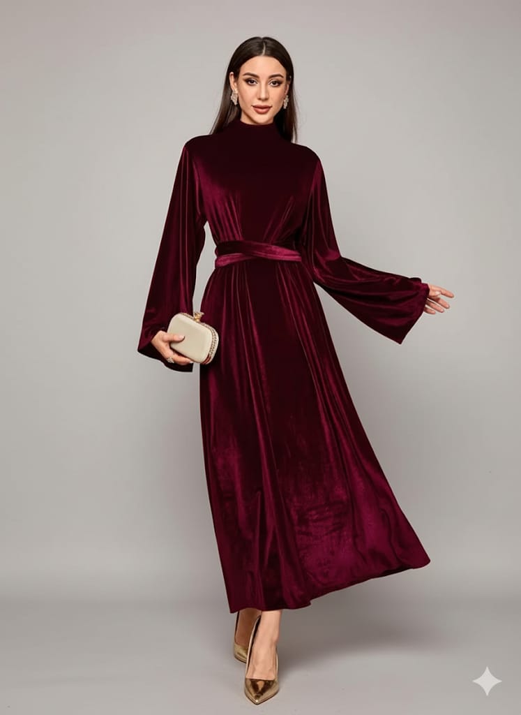 Elegant Full-Length Velvet Maxi Dress For Women, Long Sleeve Gown With Belt, Zipper Back And Tie Detail  Formal Evening Dress