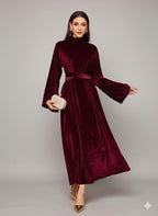 Elegant Full-Length Velvet Maxi Dress For Women, Long Sleeve Gown With Belt, Zipper Back And Tie Detail  Formal Evening Dress
