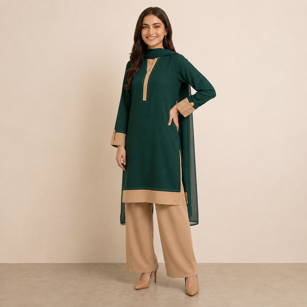 Emerald Green Straight-Cut Suit With Beige Color-Block Detailing