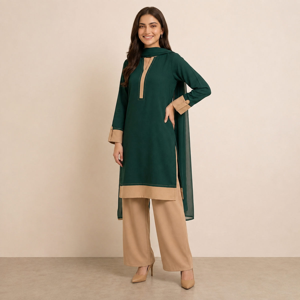 Emerald Green Straight-Cut Suit With Beige Color-Block Detailing