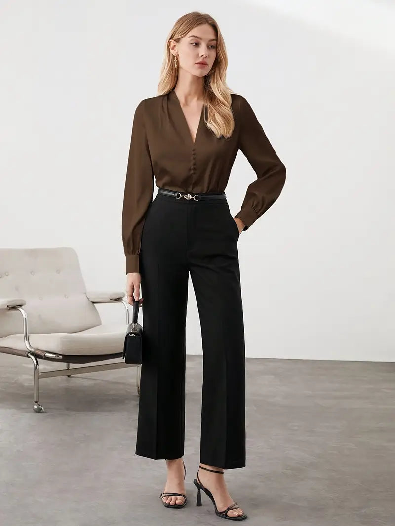 Elegant V-Neck Blouse, Satin Puff Sleeve Top With Buttons, Versatile Fashion