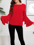 Elegant Layered Flared Sleeve Blouse, Round Neck Long Sleeve Top, Lightweight Structured Fit, Casual & Formal Stylish Shirt