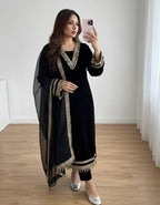 Elegant Women’s 3 Piece Velvet Dress With Lace Work & Chiffon Dupatta Lace Embellishment Sophisticated Ethnic Wear- Festive Edition