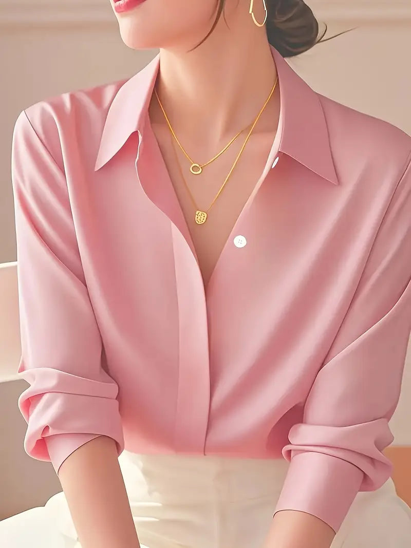 Elegant Long Sleeve Blouse, Classic Solid Color Button-Up Shirt With Lapel Collar, Office And Casual Wear