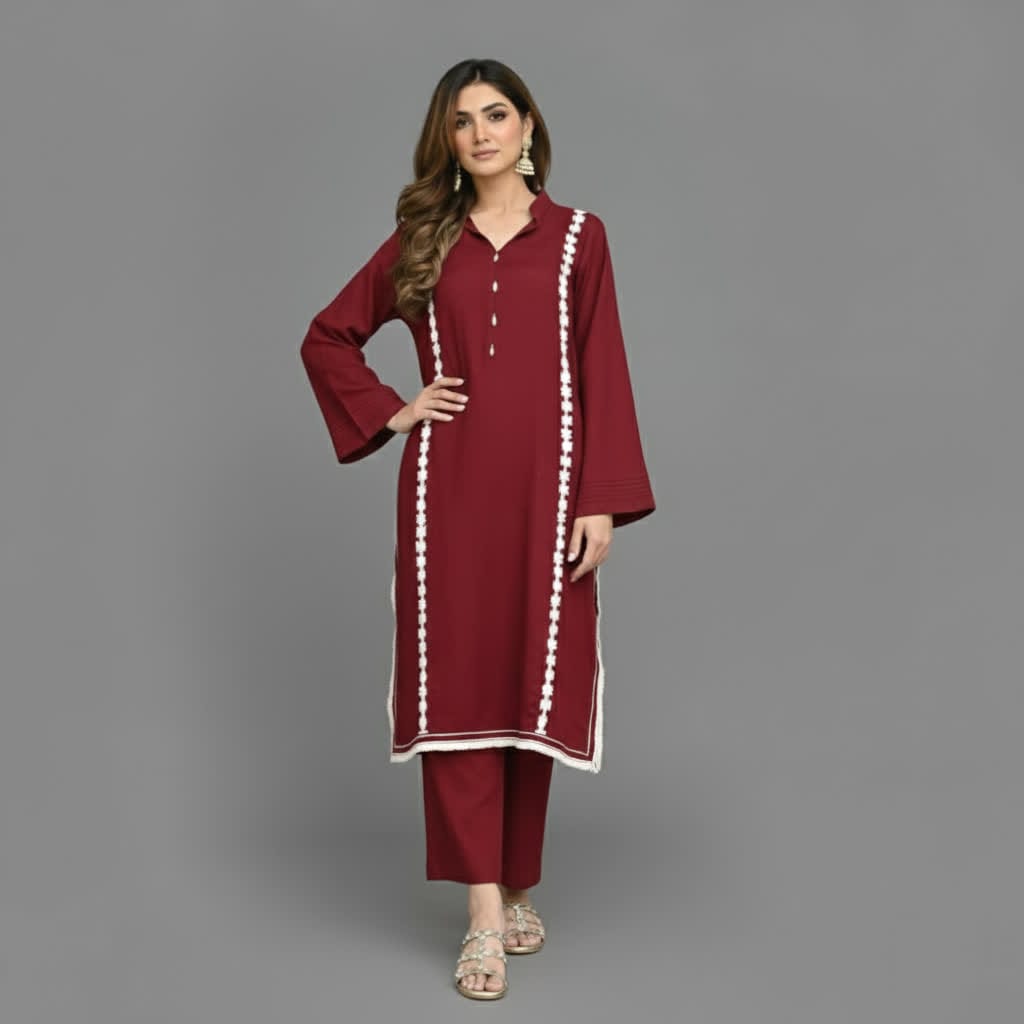 Modern Lace Kurta Co-ord Set, Stylish Long Kurta With Florals & Straight Pants With Stand Collar & Decorative Buttons.