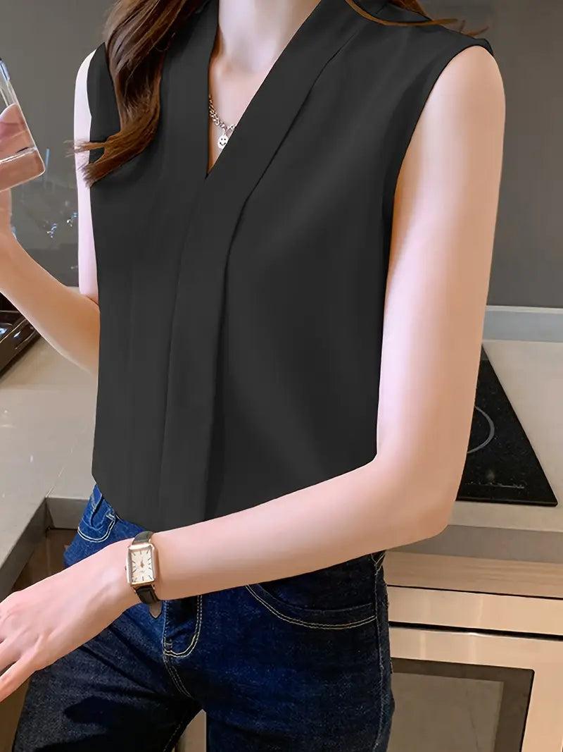 Elegant White V-Neck Chiffon Blouse For Women – Sleeveless, Lightweight Summer Top, Casual And Office Wear Shirt