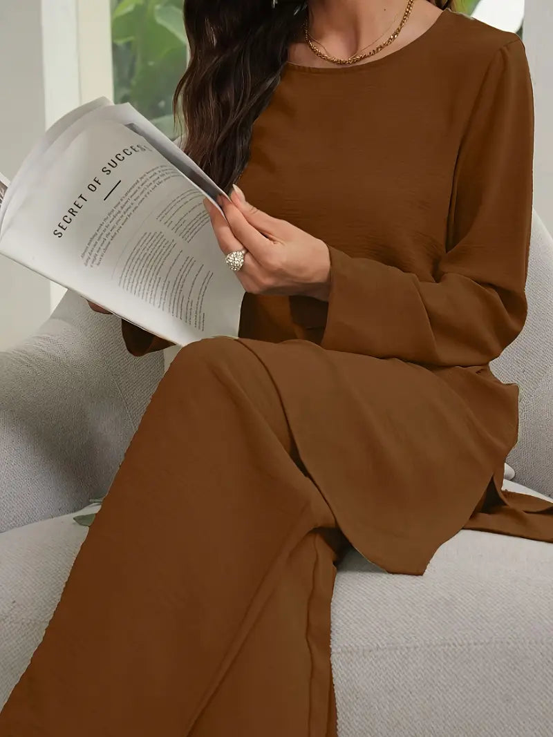 Elegant Women’s 2-Piece Set – Loose Round Neck Long Sleeve Top & Casual Wide-Leg Pants | Cozy Loungewear Outfit, Stylish Two-Piece Suit