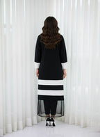 Elegant Black & White Layered Midi Dress For Women – Contrast Panel Straight Fit Dress With 3/4 Sleeves & Sheer Hem - Modest Office & Formal Wear