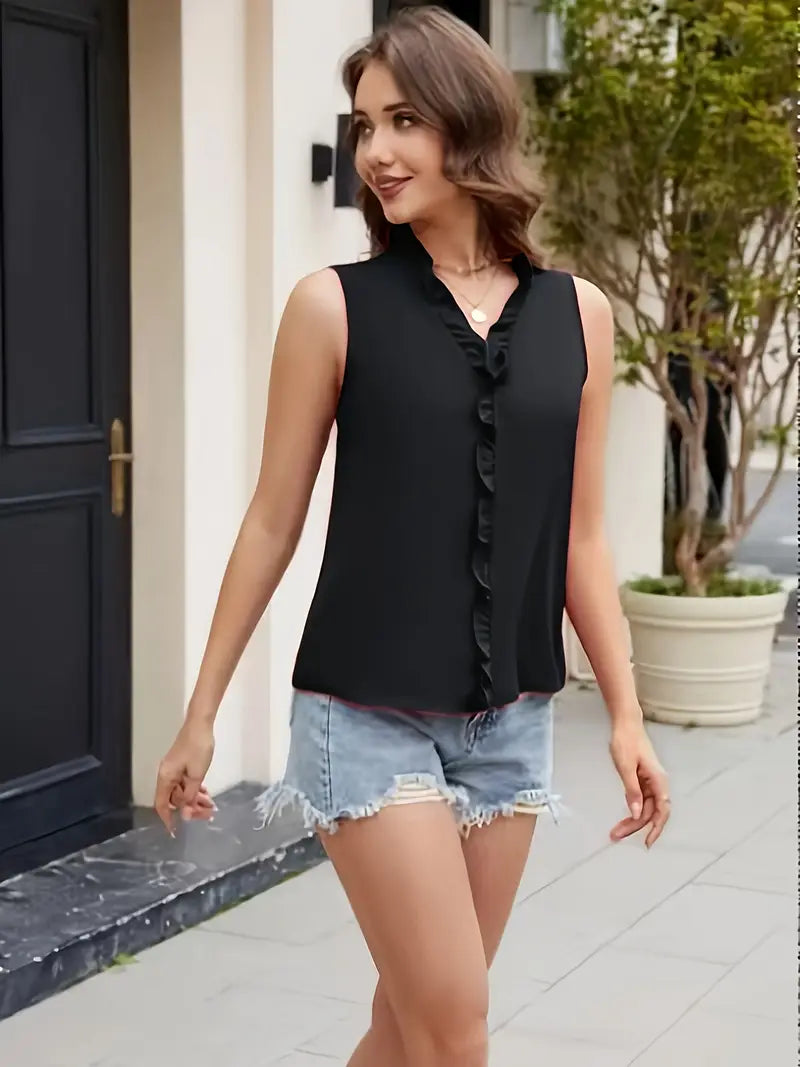 Stylish Sleeveless Ruffle Trim Blouse – European Style Summer Top, Lightweight Casual T-Shirt For Summer Fashion