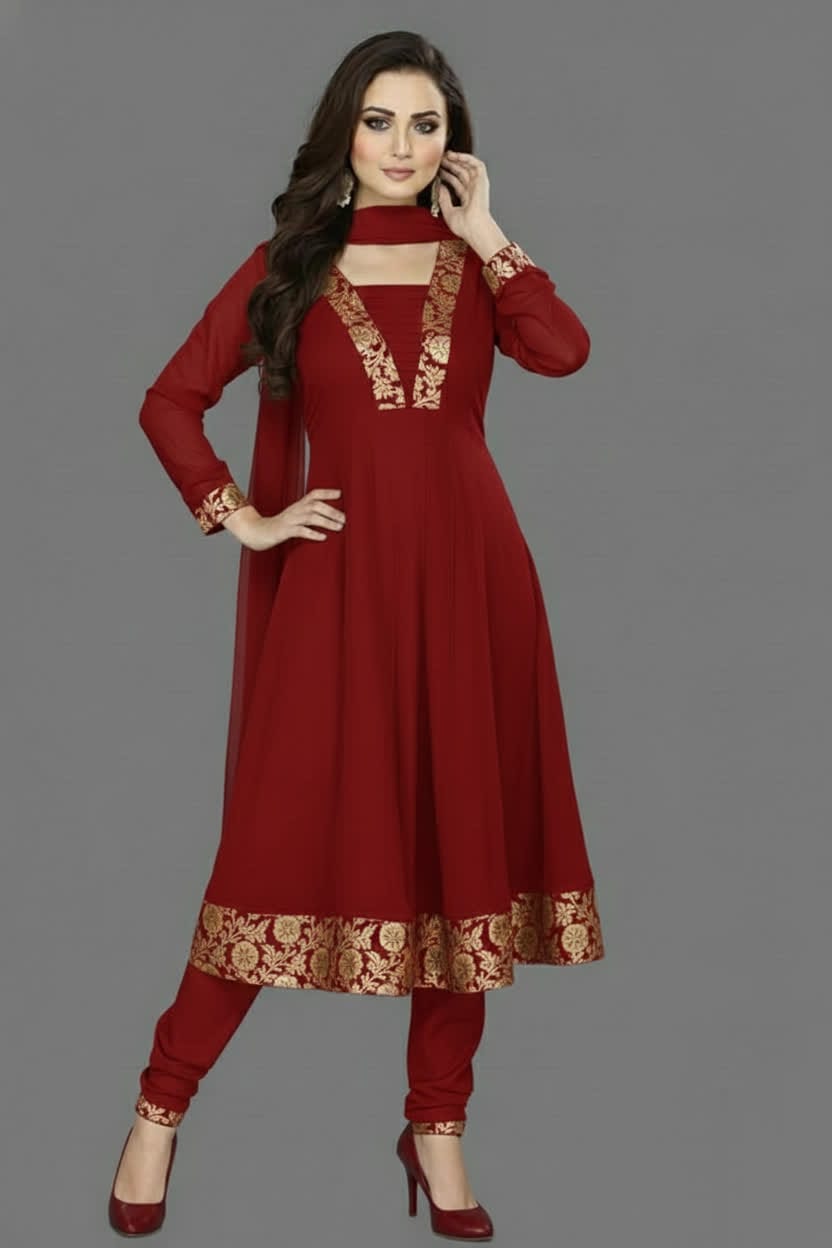 Premium Anarkali Dress Set – Women’s Churidar Suit With Chiffon Dupatta In Multiple Shades Party Wear & Festive Outfit.