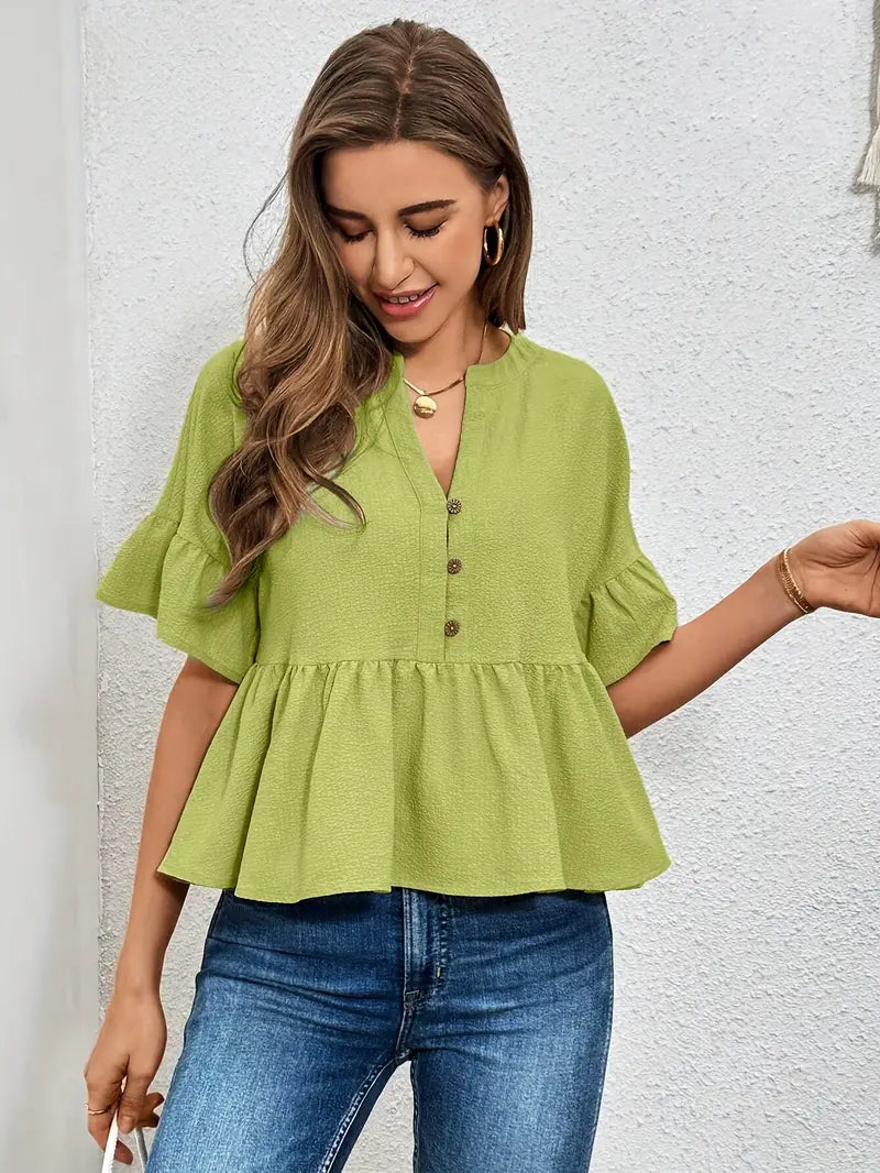 Elegant V-Neck Ruffle Sleeve Blouse – Solid Green Lightweight Top Chic Button Detail Shirt, Non-Transparent Casual Wear