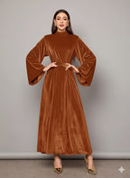 Elegant Full-Length Velvet Maxi Dress For Women, Long Sleeve Gown With Belt, Zipper Back And Tie Detail  Formal Evening Dress