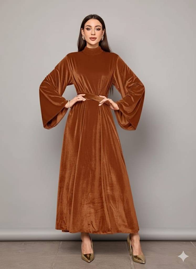 Elegant Full-Length Velvet Maxi Dress For Women, Long Sleeve Gown With Belt, Zipper Back And Tie Detail  Formal Evening Dress