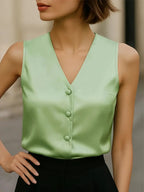 NISWA STYLE Classic Mint Green Sleeveless Blouse, Ladies V-Neck Buttoned Top, Smooth Polyester, Elegant And Versatile