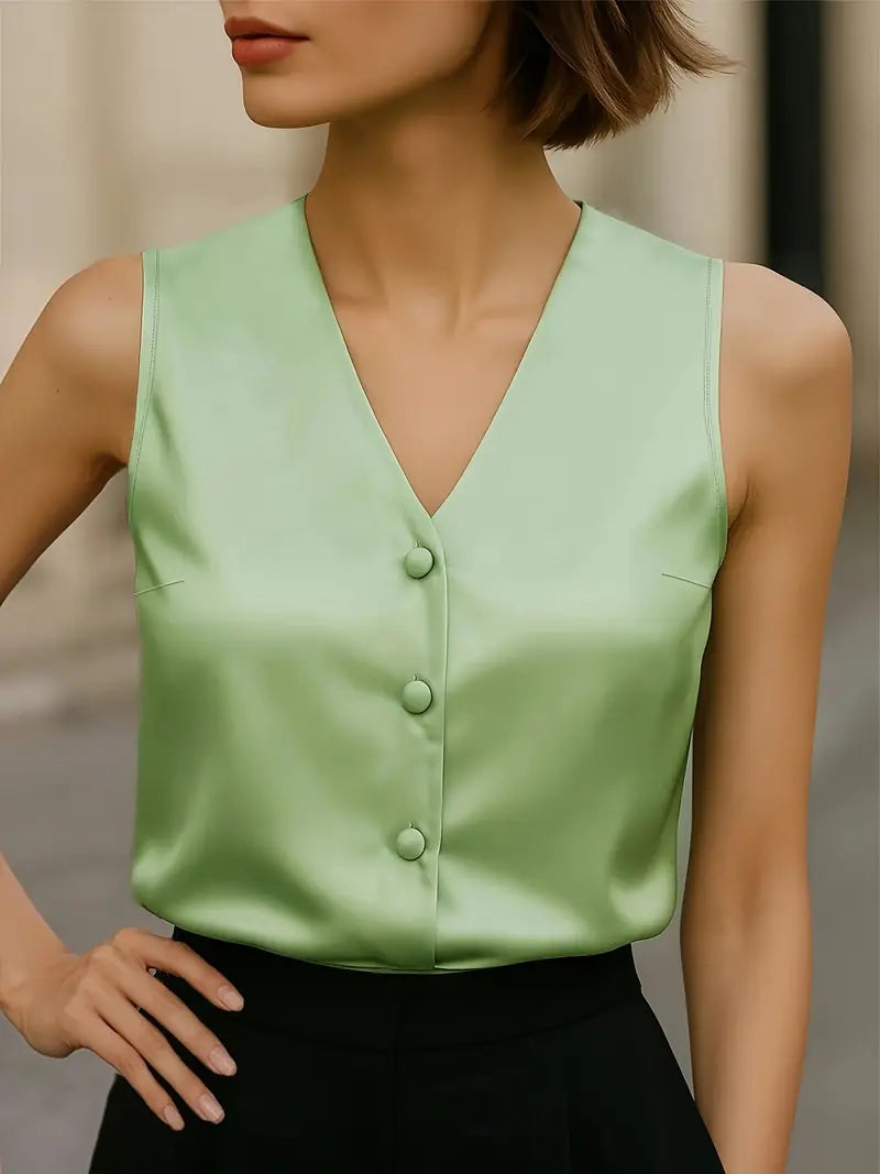 NISWA STYLE Classic Mint Green Sleeveless Blouse, Ladies V-Neck Buttoned Top, Smooth Polyester, Elegant And Versatile
