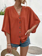 V-Neck Batwing Sleeve Blouse, Button-Up Shirt With Front Pockets, Casual Short Sleeve  Blouse For Women