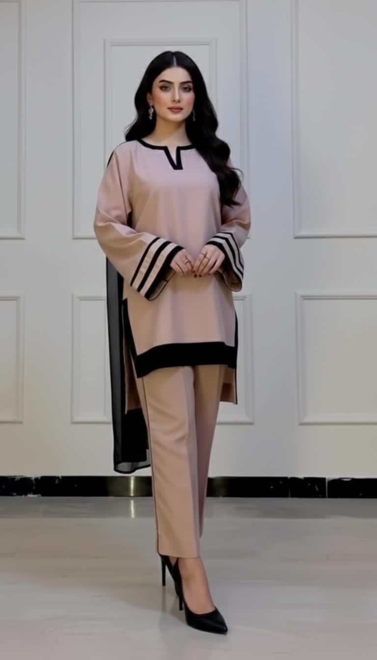 Minimalist Beige Straight Kurta & Trouser Set With Black Stripe Contrast, Premium Rayon Comfort And Elegant Chiffon Dupatta.