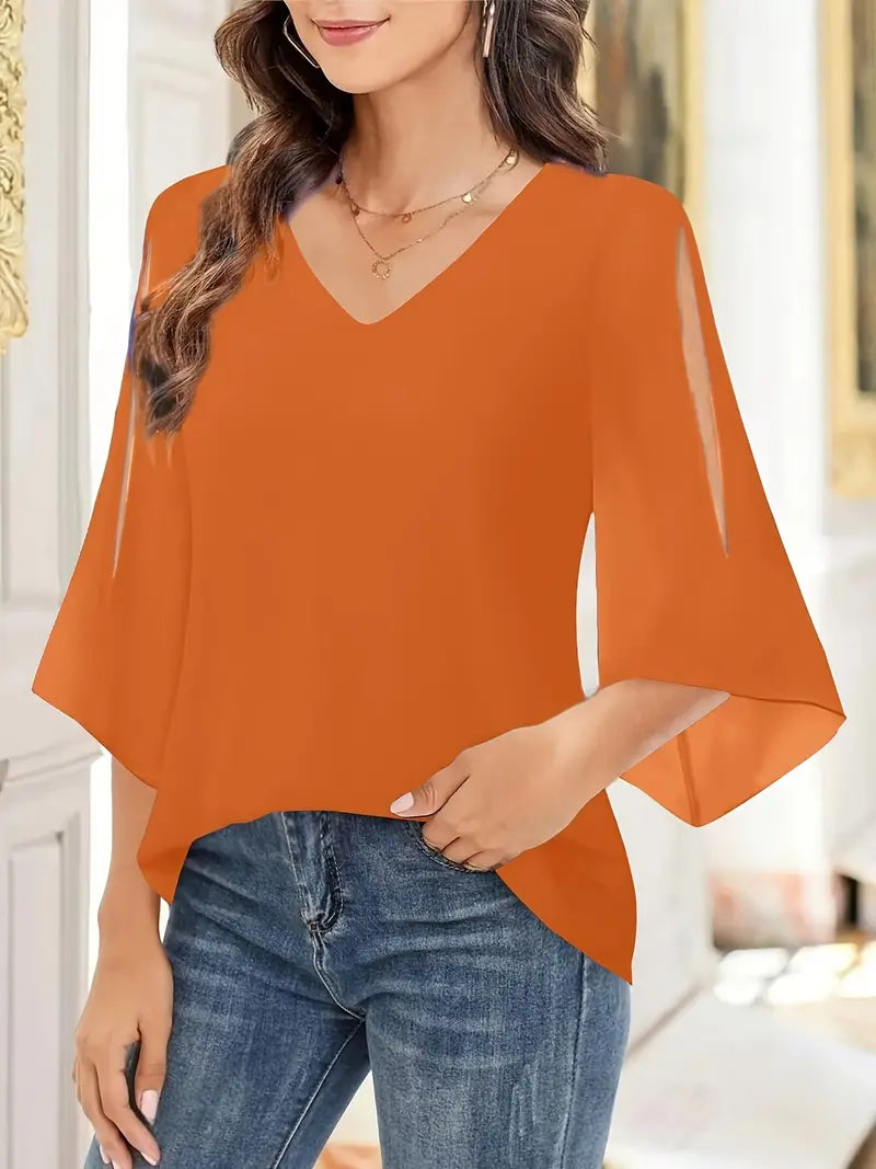 Elegant V-Neck Shirting Blouse, 3/4 Sleeve Top With Double Layer Mesh, Hollow Details, Casual & Formal Blouse