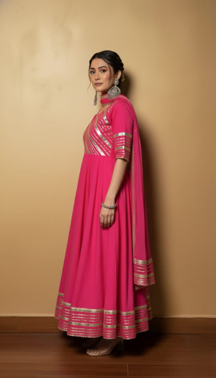 Premium Black Gota Patti Anarkali Pant Set For Women – Silk Long Anarkali With Different Shade Chiffon Dupatta & Embellished Pants.