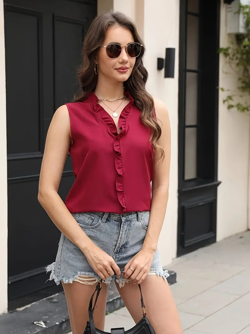 Stylish Sleeveless Ruffle Trim Blouse – European Style Summer Top, Lightweight Casual T-Shirt For Summer Fashion