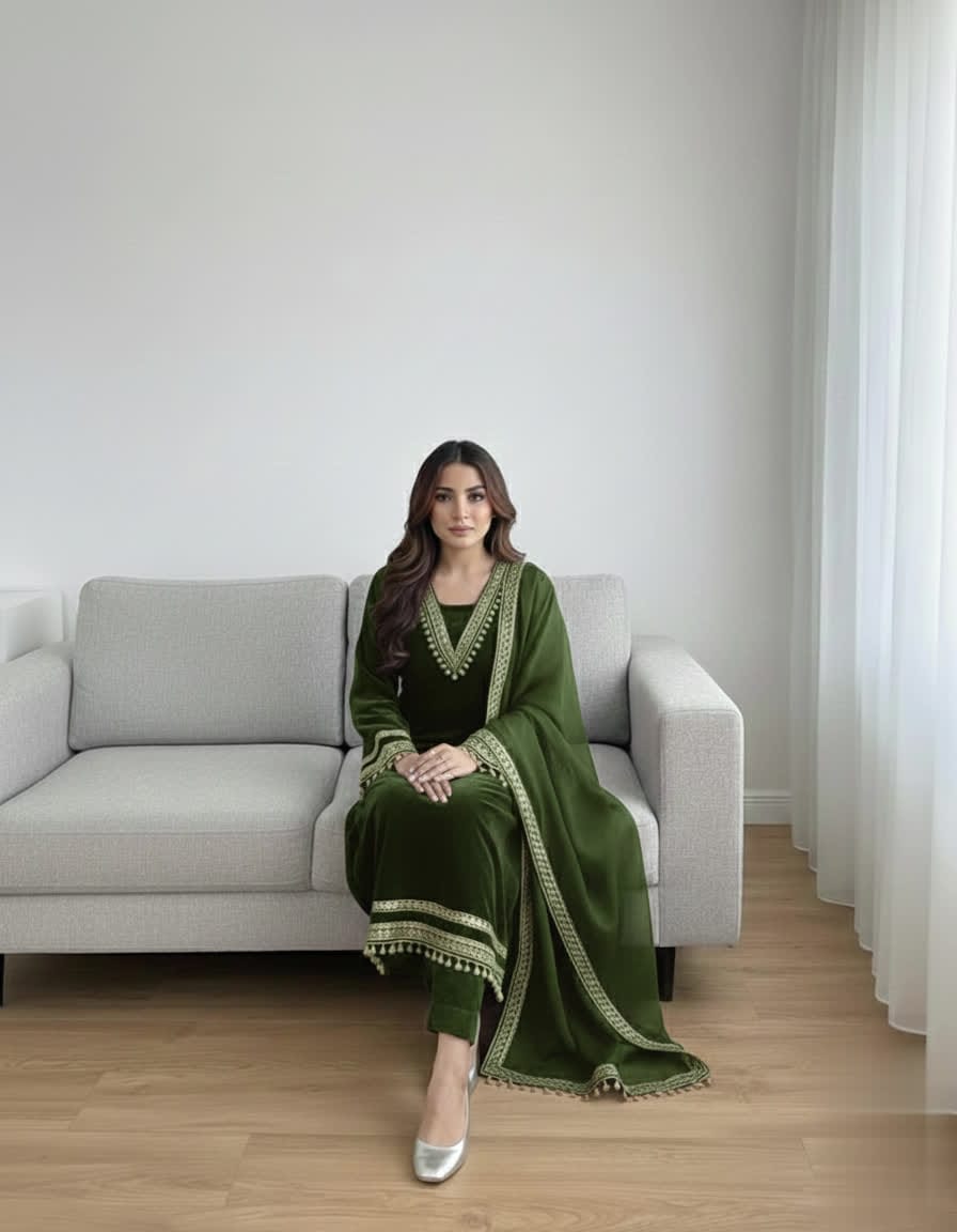 Elegant Women’s 3 Piece Velvet Dress With Lace Work & Chiffon Dupatta Lace Embellishment Sophisticated Ethnic Wear- Festive Edition