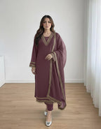 Elegant Women’s 3 Piece Velvet Dress With Lace Work & Chiffon Dupatta Lace Embellishment Sophisticated Ethnic Wear- Festive Edition