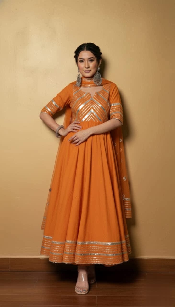 Premium Black Gota Patti Anarkali Pant Set For Women – Silk Long Anarkali With Different Shade Chiffon Dupatta & Embellished Pants.