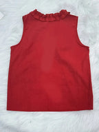 Elegant Red Lace Blouse, Sleeveless Top, Chic Age-Defying Lightweight Lace Design Shirt For Modern Fashion