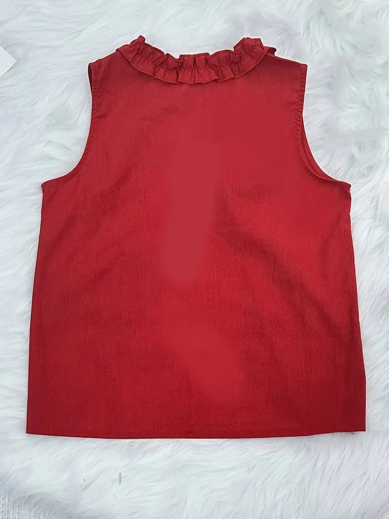 Elegant Red Lace Blouse, Sleeveless Top, Chic Age-Defying Lightweight Lace Design Shirt For Modern Fashion