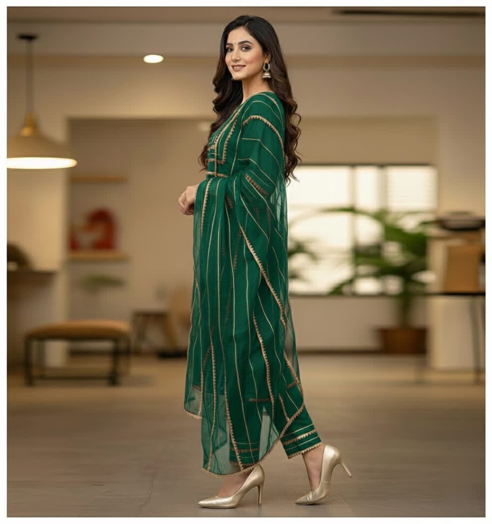 Asymmetrical Gota Patti Kurta Set – Light Gold Embroidered Bodice, Flounce Sleeves, Gold Trim Salwar Kameez With Sheer Gota Dupatta.