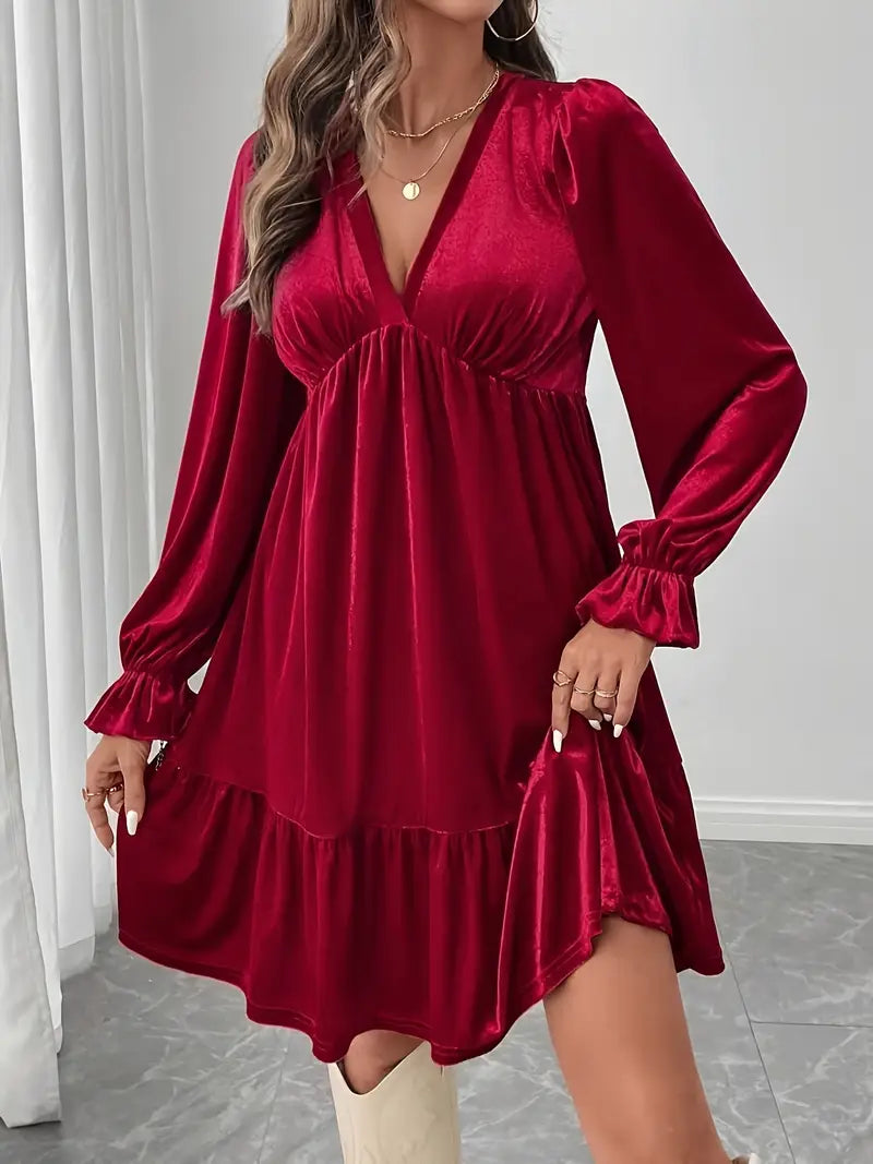 Elegant Burgundy A-Line Mini Dress – Long Sleeve Ruffled Hem Party Dress, Knee-Length Flowy Outfit