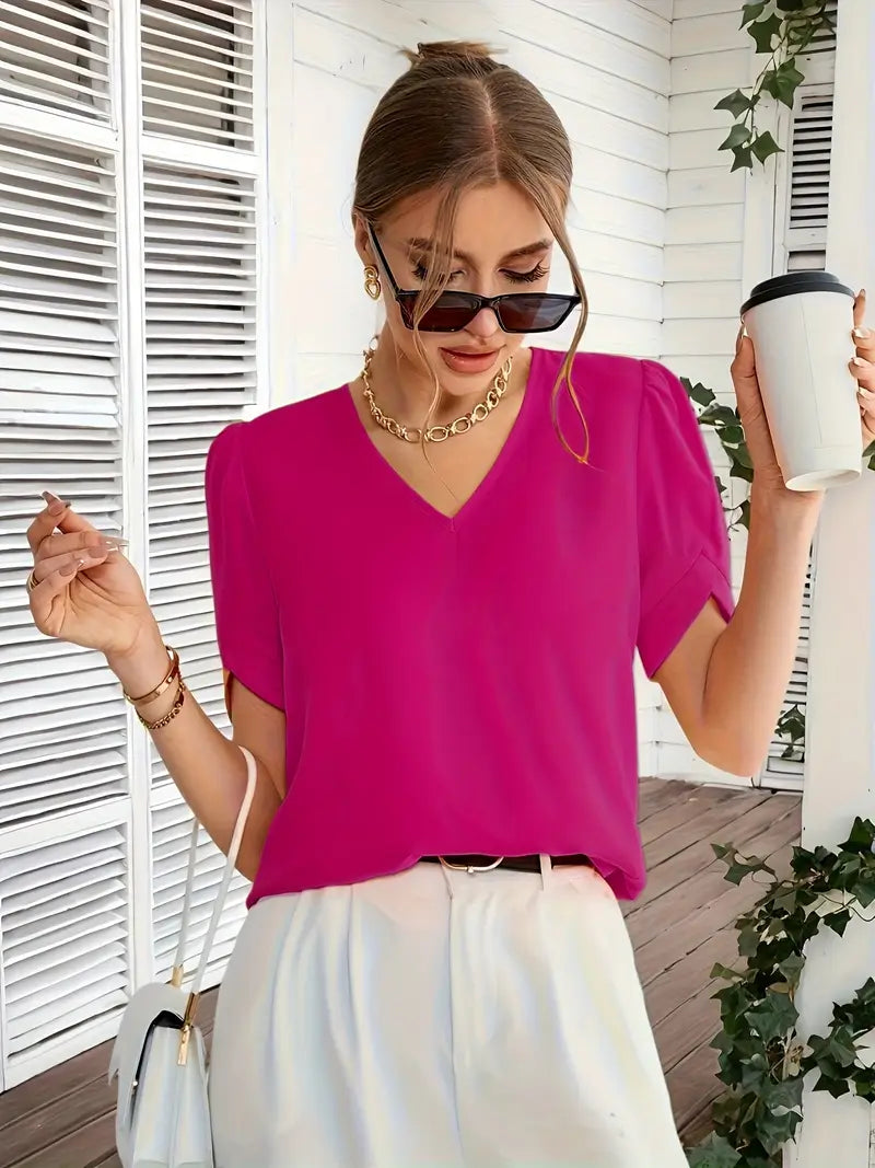 Elegant V-Neck Blouse, Non-See-Through Smooth Fabric, Casual And Office Shirt, Wardrobe Essential