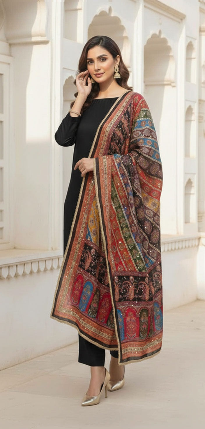 Colourful Ethnic Suit Set With Spectacular Embellished Mirrored Dupatta