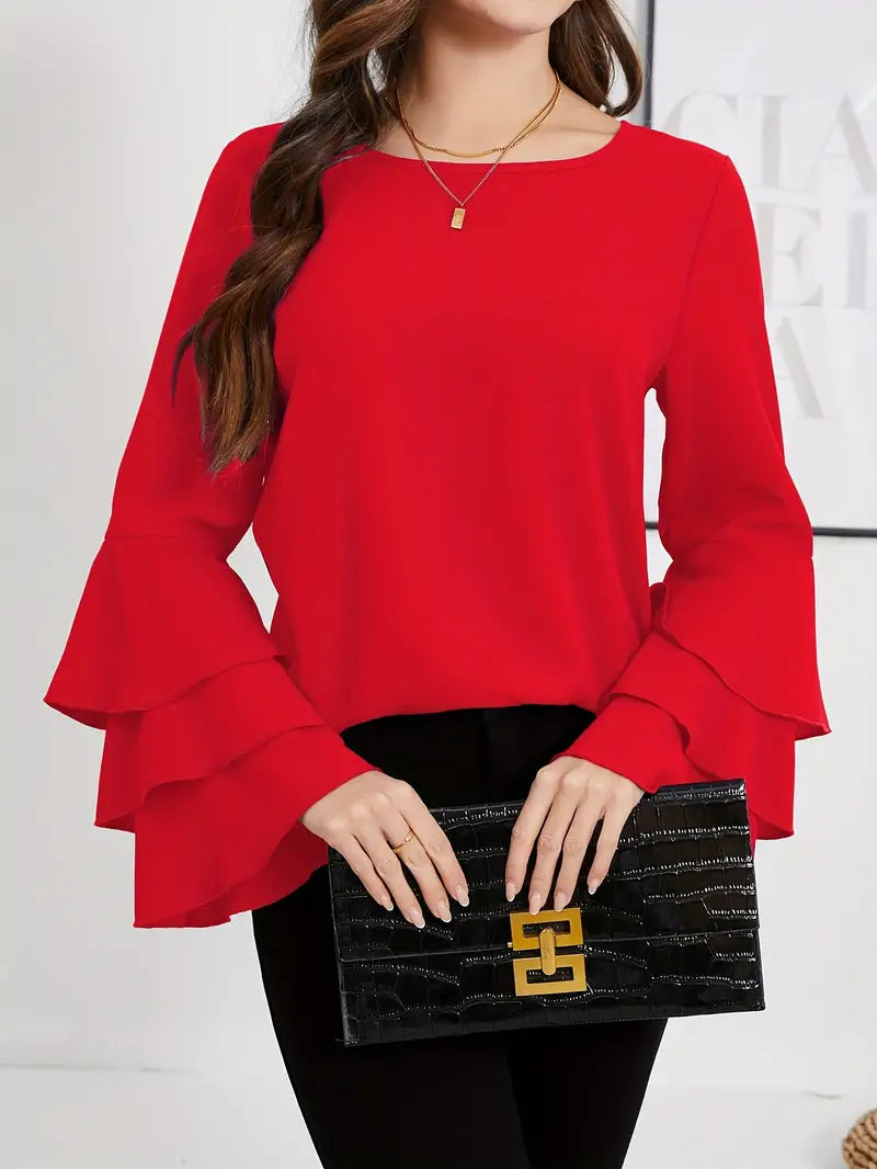 Elegant Layered Flared Sleeve Blouse, Round Neck Long Sleeve Top, Lightweight Structured Fit, Casual & Formal Stylish Shirt
