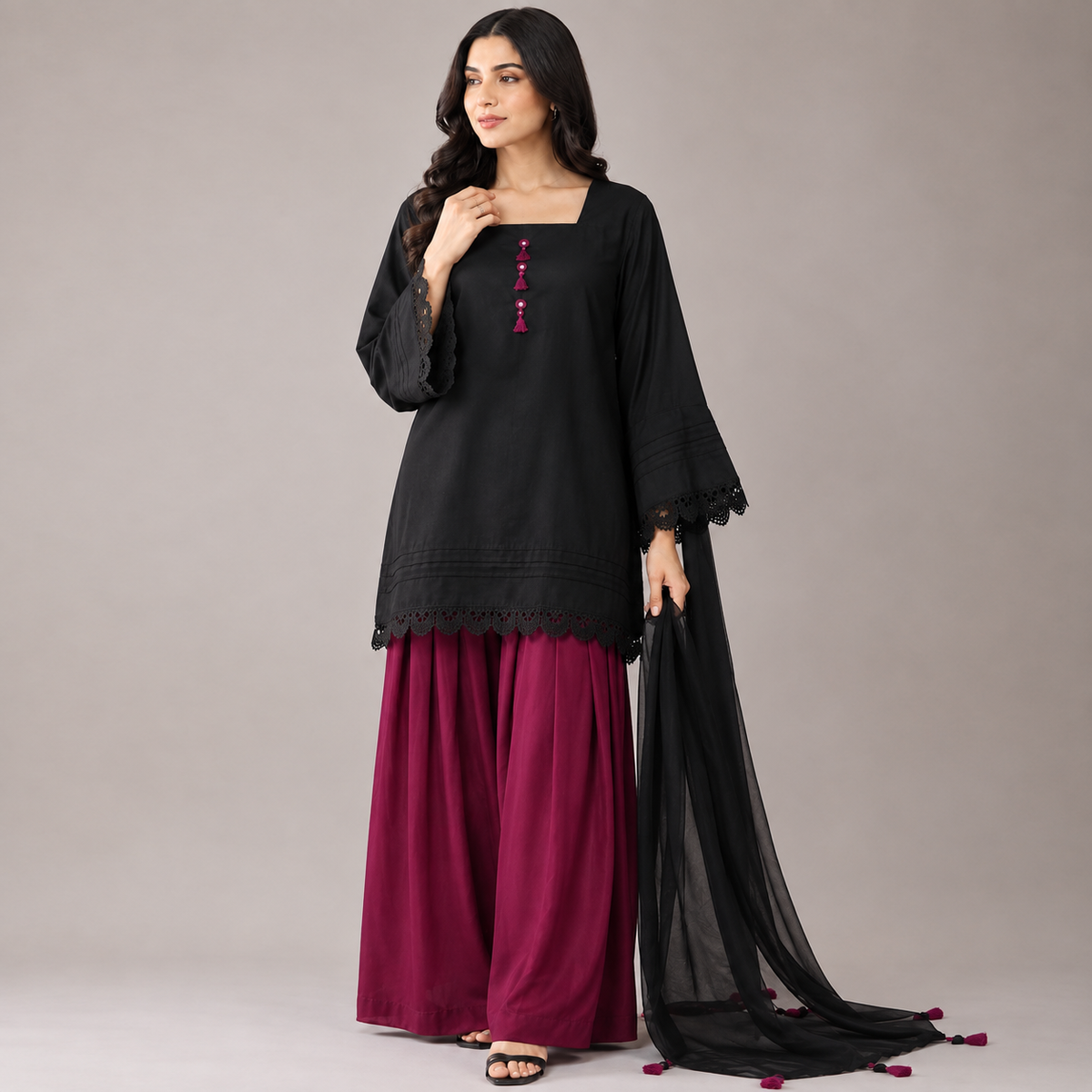 Black Kurti With Magenta Tassels & Farshi Palazzo