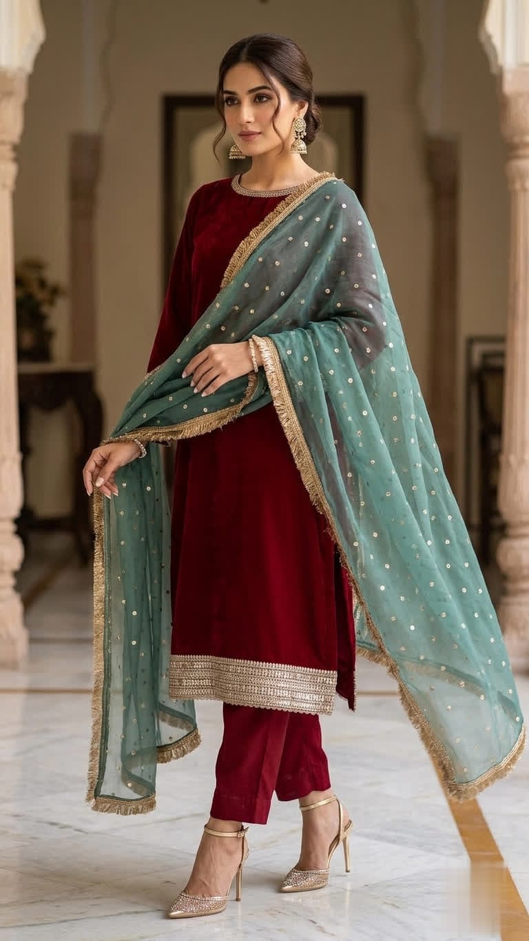Maroon Armani Silk Three Piece Suit With Pistachio Green Dupatta.