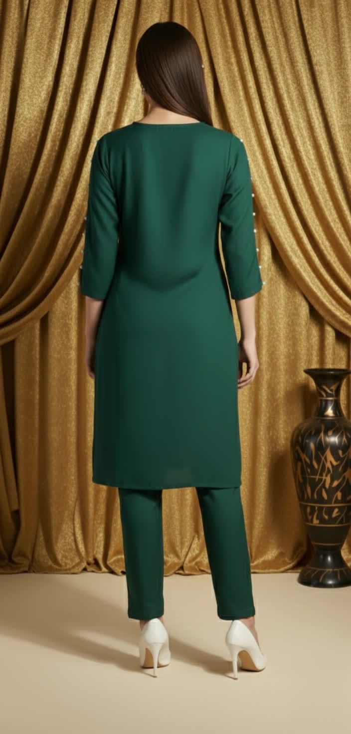 Sophisticated Pearl Detail Co-ord Set For Women, Elegant Shirt Pearl Work Top With Tailored Straight Pants.