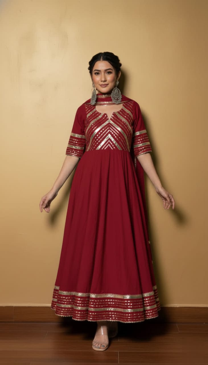 Premium Black Gota Patti Anarkali Pant Set For Women – Silk Long Anarkali With Different Shade Chiffon Dupatta & Embellished Pants.