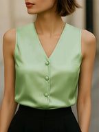 NISWA STYLE Classic Mint Green Sleeveless Blouse, Ladies V-Neck Buttoned Top, Smooth Polyester, Elegant And Versatile
