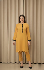 Elegant Cotton 2-Piece Suit – Crew-Neck Chori Piping Shirt With Cutwork Sleeves & Reet Design Trouser | Latest Stylish Women’s Outfit.