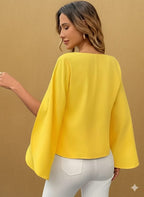 Elegant V-Neck Blouse, Vibrant Yellow Long Sleeve Top, Lightweight, Shirt For Casual & Formal Fashion