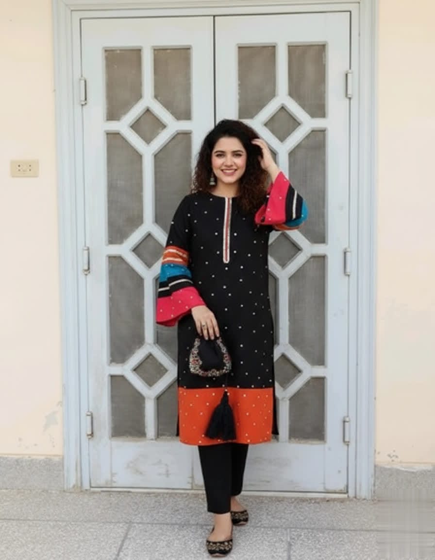 Trendy Black Kurta Set With Orange Hem & Multicolor Sleeves