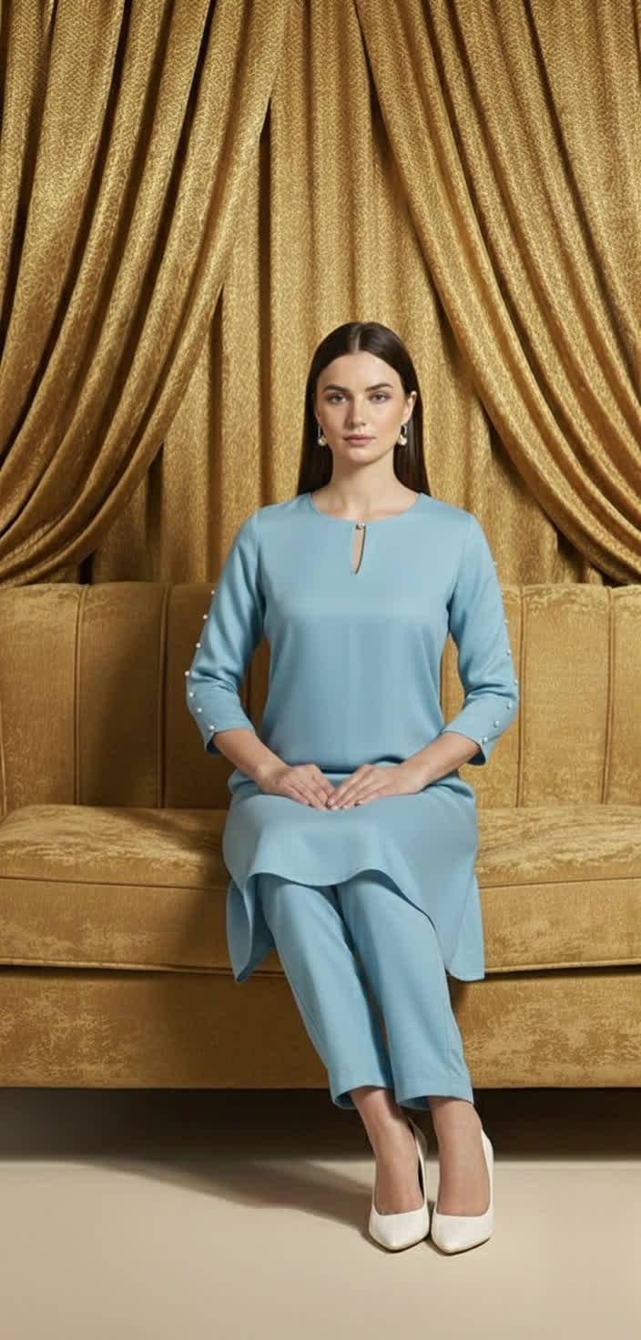 Sophisticated Pearl Detail Co-ord Set For Women, Elegant Shirt Pearl Work Top With Tailored Straight Pants.