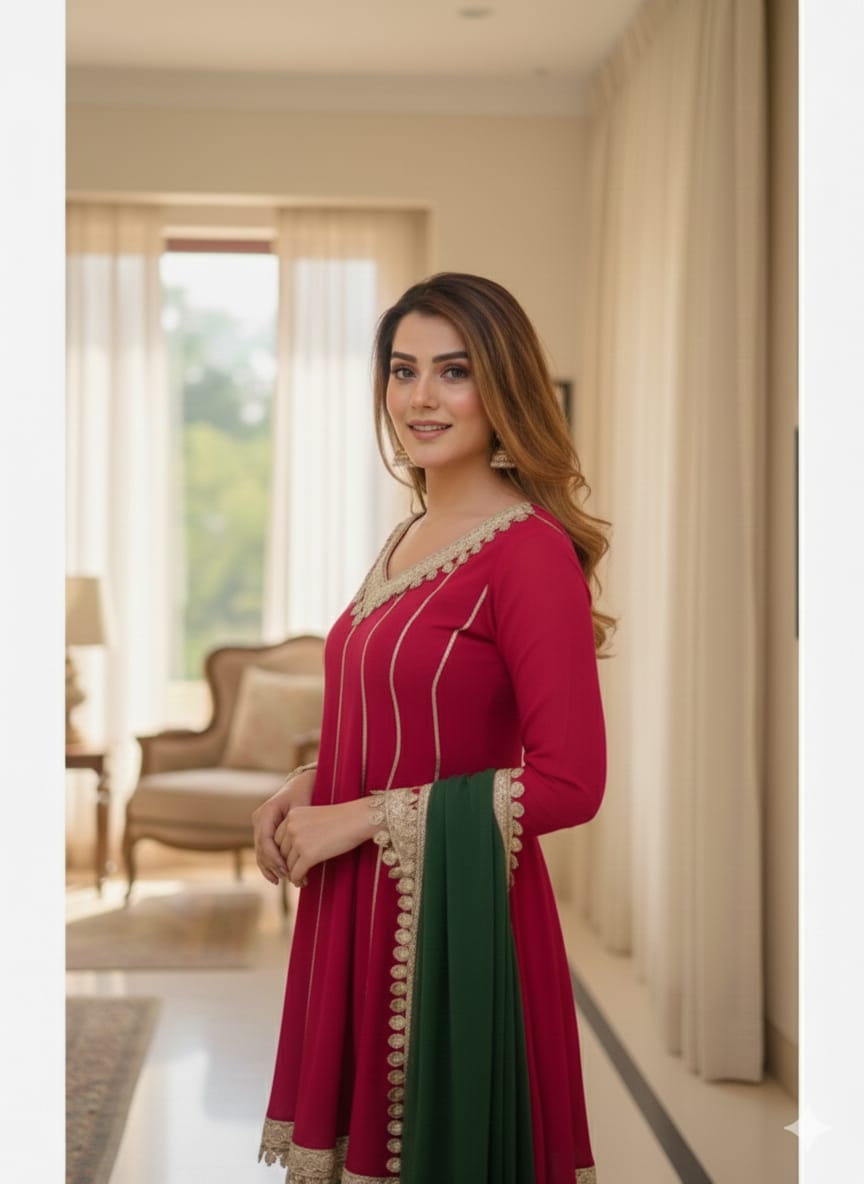 Stylish Red And Green Empire Cut A-Line Kurta With Trouser & Gotta Patti Dupatta.